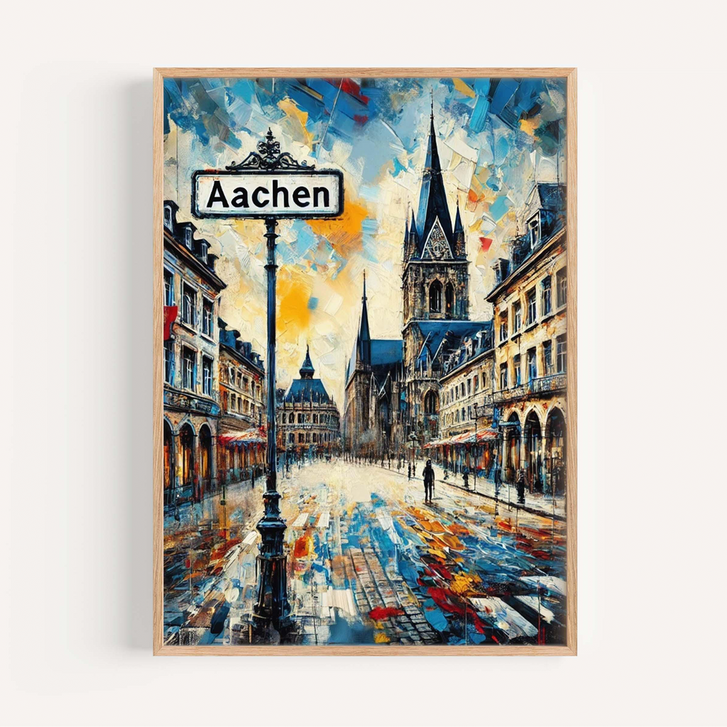 Brighten your space with the Aachen Art Print—Germany City Wall Art featuring a lively street scene, historic European architecture, cathedral spires, and colorful reflections. Perfect as a travel poster or housewarming gift!.