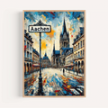 Brighten your space with the Aachen Art Print—Germany City Wall Art featuring a lively street scene, historic European architecture, cathedral spires, and colorful reflections. Perfect as a travel poster or housewarming gift!.