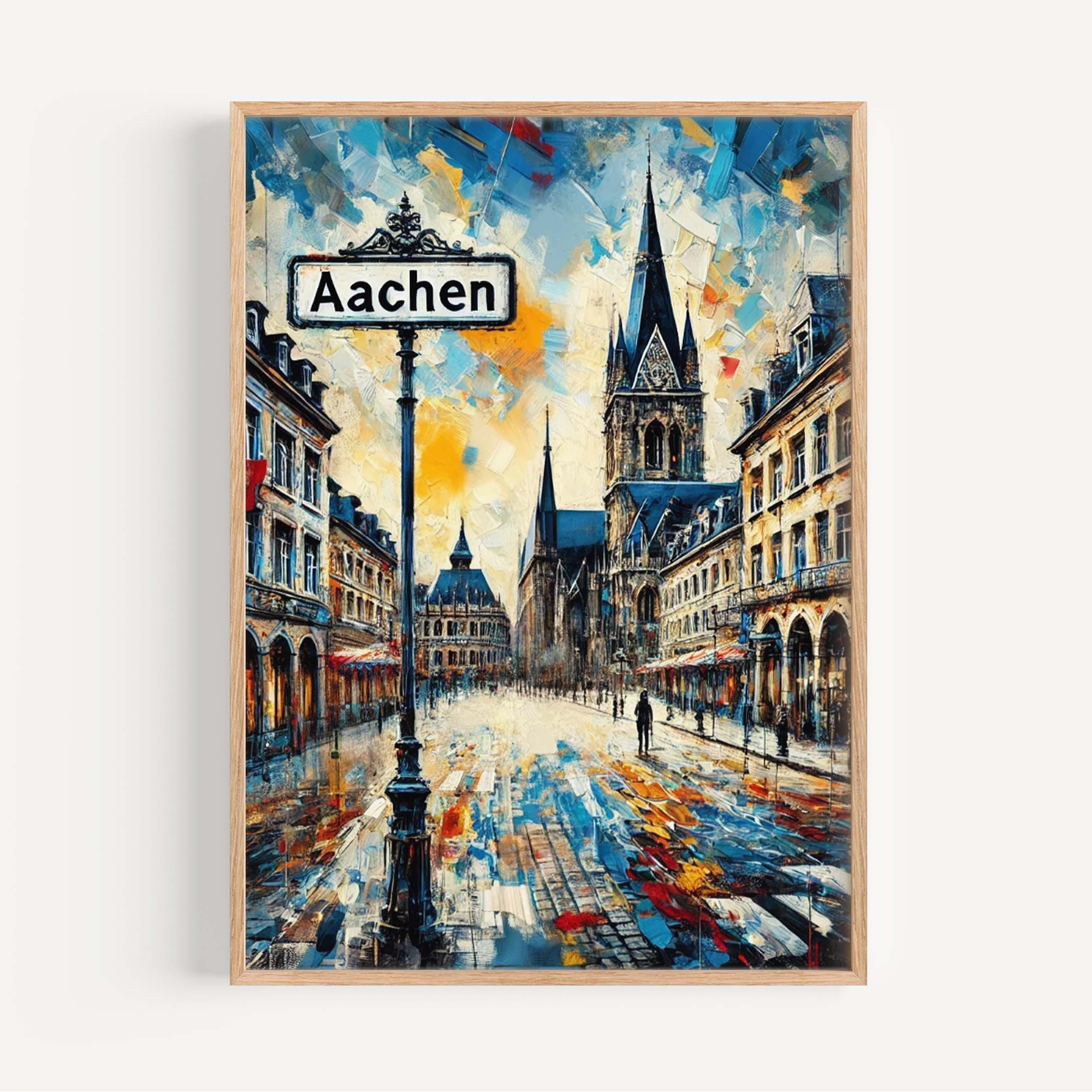 Brighten your space with the Aachen Art Print—Germany City Wall Art featuring a lively street scene, historic European architecture, cathedral spires, and colorful reflections. Perfect as a travel poster or housewarming gift!.